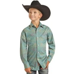 Boy's Rock And Roll Dale Brisby Teal Desert Print Snap Shirt