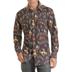 Rock N Roll Cowboy Men's Long Sleeve Vintage Print Snap