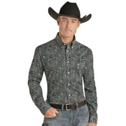 Rock N Roll Cowboy Charcoal Paisley Print Button-Down
