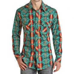 Rock N Roll Cowboy Slim Fit Turquoise Aztec Print Snap Shirt