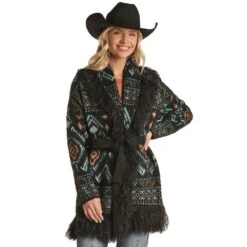 Rock & Roll Denim Cardigan With Aztec Designs