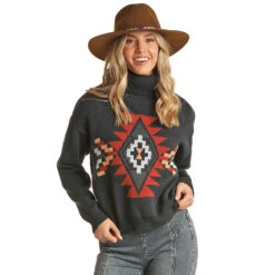 Rock & Roll Denim Women's Geo Front Mock Neck Sweater