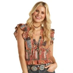 Rock & Roll Denim Womens Ruffle Short Sleeve Top