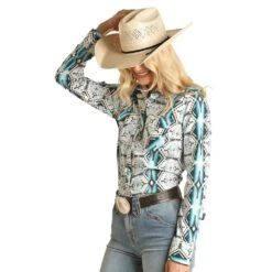 Rock & Roll Denim N Womens Snap Shirt With Azte Print