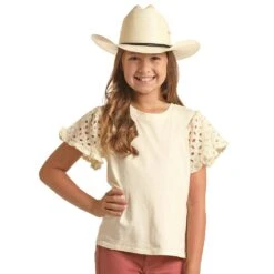 Rock & Roll Denim And Girls Natural Eyelet Sleeve Tee