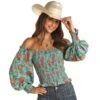 Rock & Roll Denim And Womens Offshoulder Floral Turquoise Top