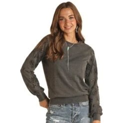 Rock & Roll Denim And Womens Black Eyelet Embroidery Pullover