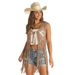 Rock & Roll Denim Women's Crochet Vest With Fringe