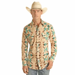 Rock & Roll Denim Long Sleeve Aztec Print Brown Snap Shirt B2S3323