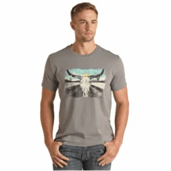 Rock & Roll Cowboy Men's Longhorn Graphic Grey T-Shirt RRMT21RZMG-05
