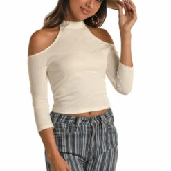 Rock & Roll Cowgirl Ladies Off Shoulder White 3/4 Sleeves Shirt 47-6297