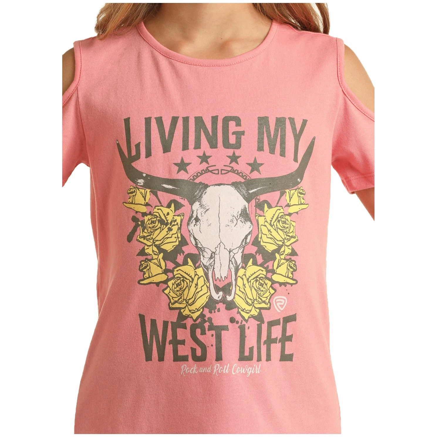 Rock & Roll Cowgirl® Girl's Skull Print Cold Shoulder T-Shirt G3T3347 3 Rock & Roll Cowgirl® Girl's Skull Print Cold Shoulder T-Shirt G3T3347