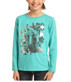 Rock & Roll Cowgirl Girls Horse Graphic Long Sleeve Teal T-Shirt G4T3315