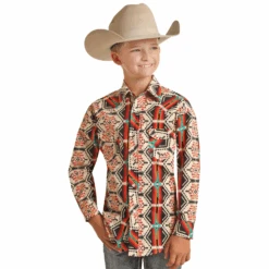 Rock & Roll Cowboy Kid's Aztec Poplin Print Snap Shirt RRBSOSRZ0Z-12