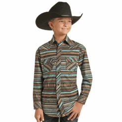 Rock & Roll Cowboy Kid's Teal Aztec Stripe Snap Shirt RRBSOSRZ17-81