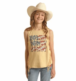 Rock & Roll Denim® Girl's Howdy Fringed Yellow Tank Top RRGT20R110