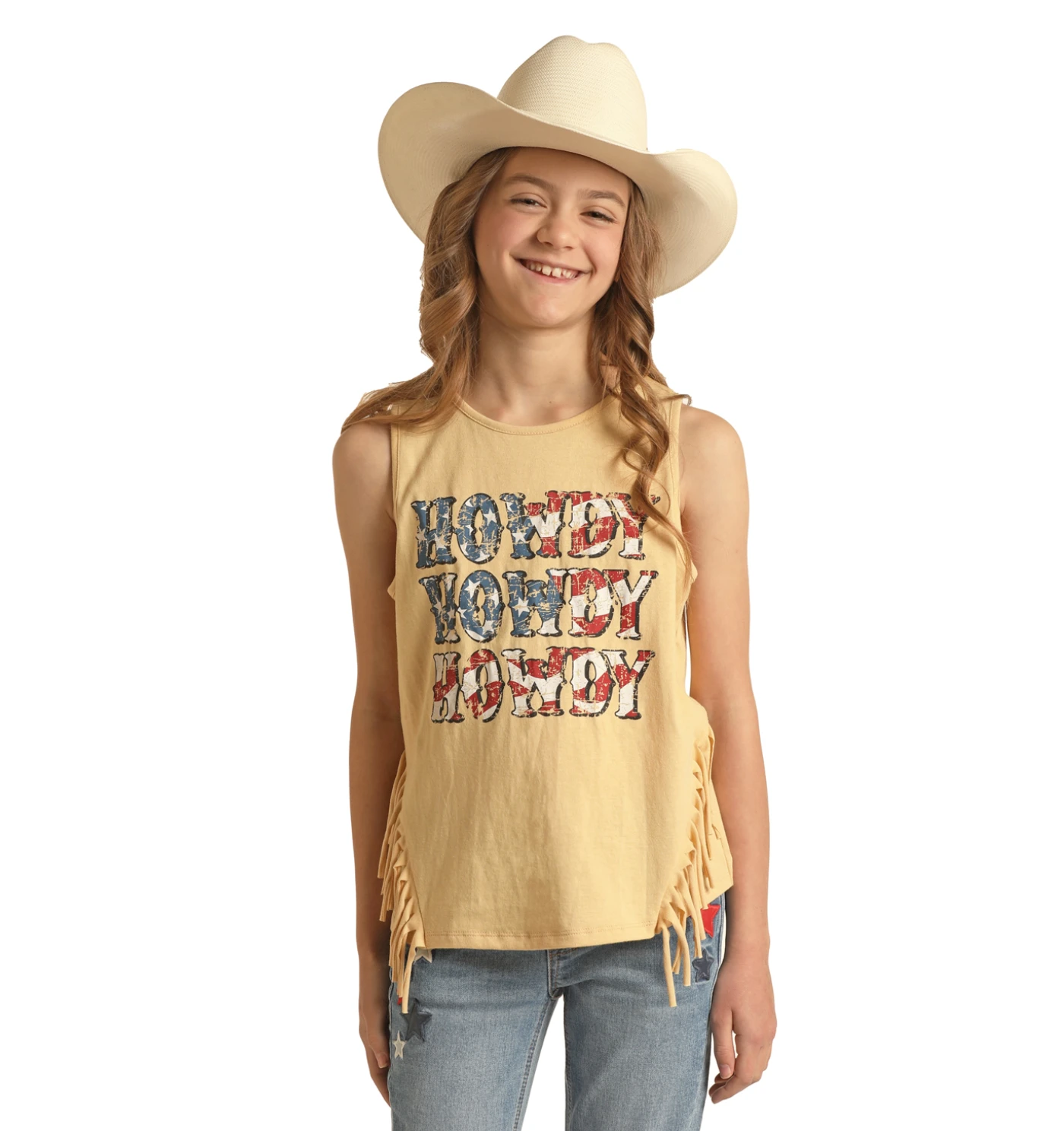 Rock & Roll Denim® Girl's Howdy Fringed Yellow Tank Top RRGT20R110 3 Rock & Roll Denim® Girl's Howdy Fringed Yellow Tank Top RRGT20R110