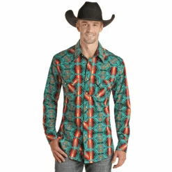Rock & Roll® Men's Teal Aztec Poplin Print Snap Shirt RRMSOSRZ15-81