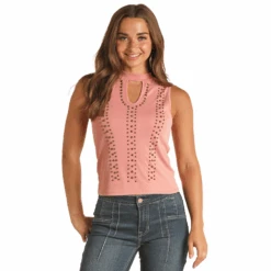 Rock & Roll Denim® Ladies Muave Rose Ribbed Studded Tank Top RRWT20R0Z9-66