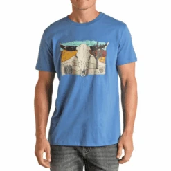 Rock & Roll Denim® Men's Bull Bone Skull Blue Graphic T-Shirt P9-3084