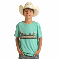 Rock & Roll Denim Boy's Cowboy Scene Turquoise Graphic T-Shirt RRBT21R12K