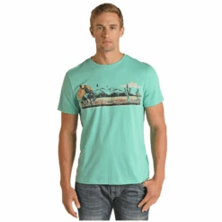 Rock & Roll Denim Men's Cowboy Scene Turquoise Graphic T-ShirtRRUT21R12K-86