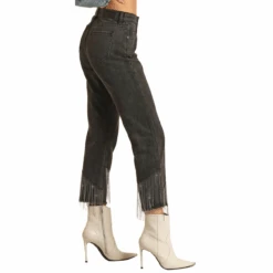 Rock & Roll Denim Ladies High Rise Chain Fringe Straight Cropped Jeans RRWD9HRZQV -Rock & Roll side321